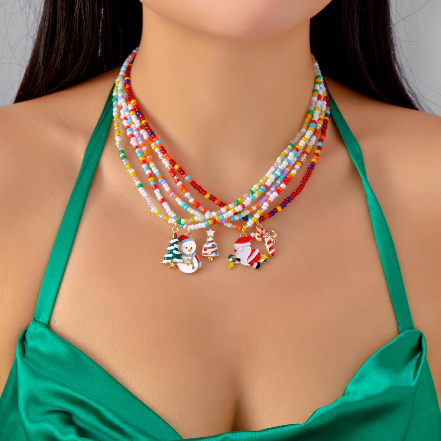 Glamorous Colorful Rice Bead Multi Layer Necklace for Women Sparkling Motifs Rice Bead Alloy Necklace Party Jewellery Accessorie