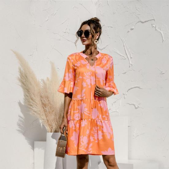 Women's Summer Mini Dress Puff Short Sleeve V Neck Pleated Dress Boho