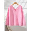 Autumn and Winter Solid Color V-neck Pullover Sweater Casual Loose Long-sleeved Off-shoulder Pink Sweater