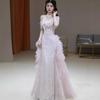 One-word shoulder evening dress 1011 new summer pink engagement dress high-end light luxury wedding toast dress bride
