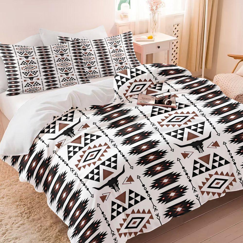 2/3Pcs Western Tribal Bull Skull Duvet Cover Set(1 Duvet Cover & 1/2 Pillowcase)Boho Geometric Bedding Set for Bedroom Decor