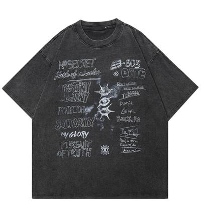 Streetwear T-Shirt mit Buchstaben-Grafik, Baumwolle, gewaschenes schwarzes T-Shirt, Unisex-Tops, T-Shirts, Sommer, kurze Ärmel