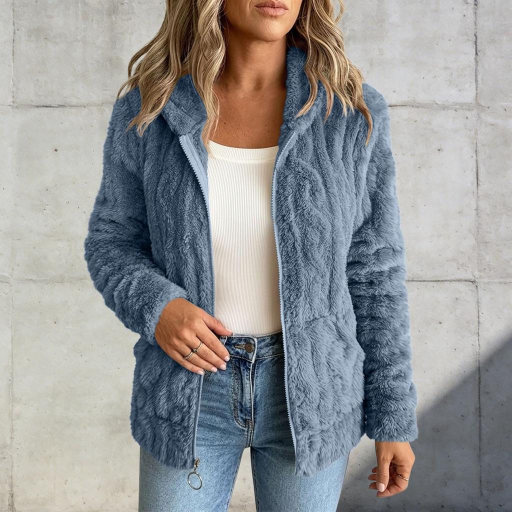 Women's Color Double-Sided Plush Hooded Zip-Up Cardigan Jacket