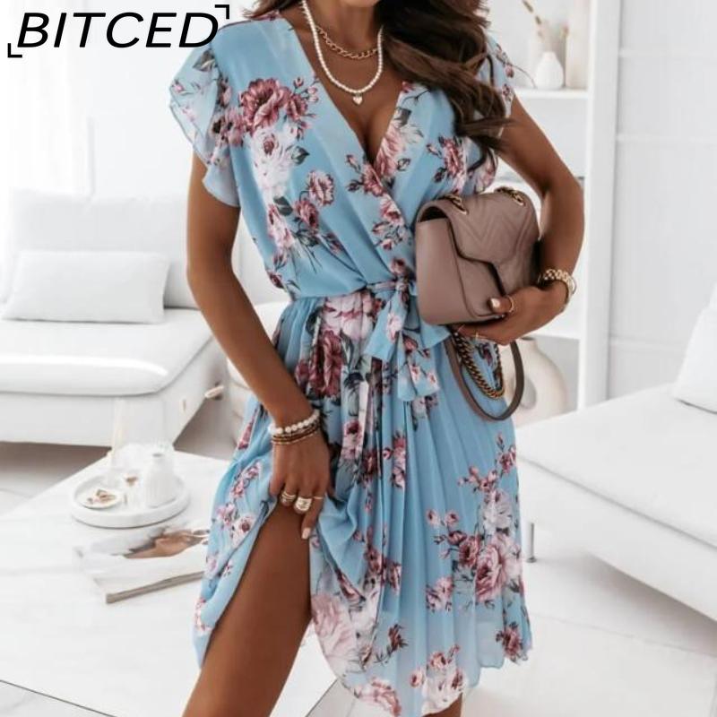 

BITCED Вільна літня плісирована жіноча міді-сукня з V-подібним вирізом та високою талією, повсякденна сукня S синій