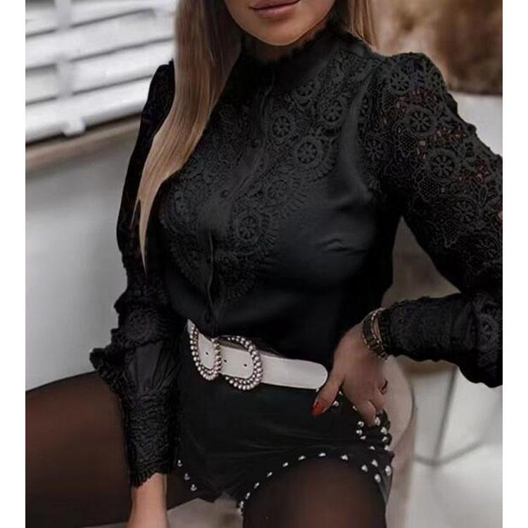 

Женские кружевные блузки с рукавами-лепестками, женская блузка на пуговицах с цветочным кружевом в стиле пэчворк, белая рубашка, топ, женская одежда XXL чёрный