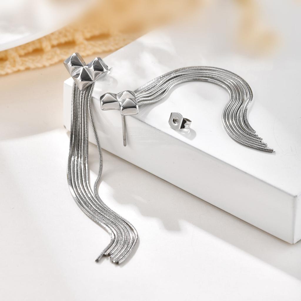 Stainless Steel Heart Long Tassel Drop Dangle Earring for Women, Prom Party Accessorie