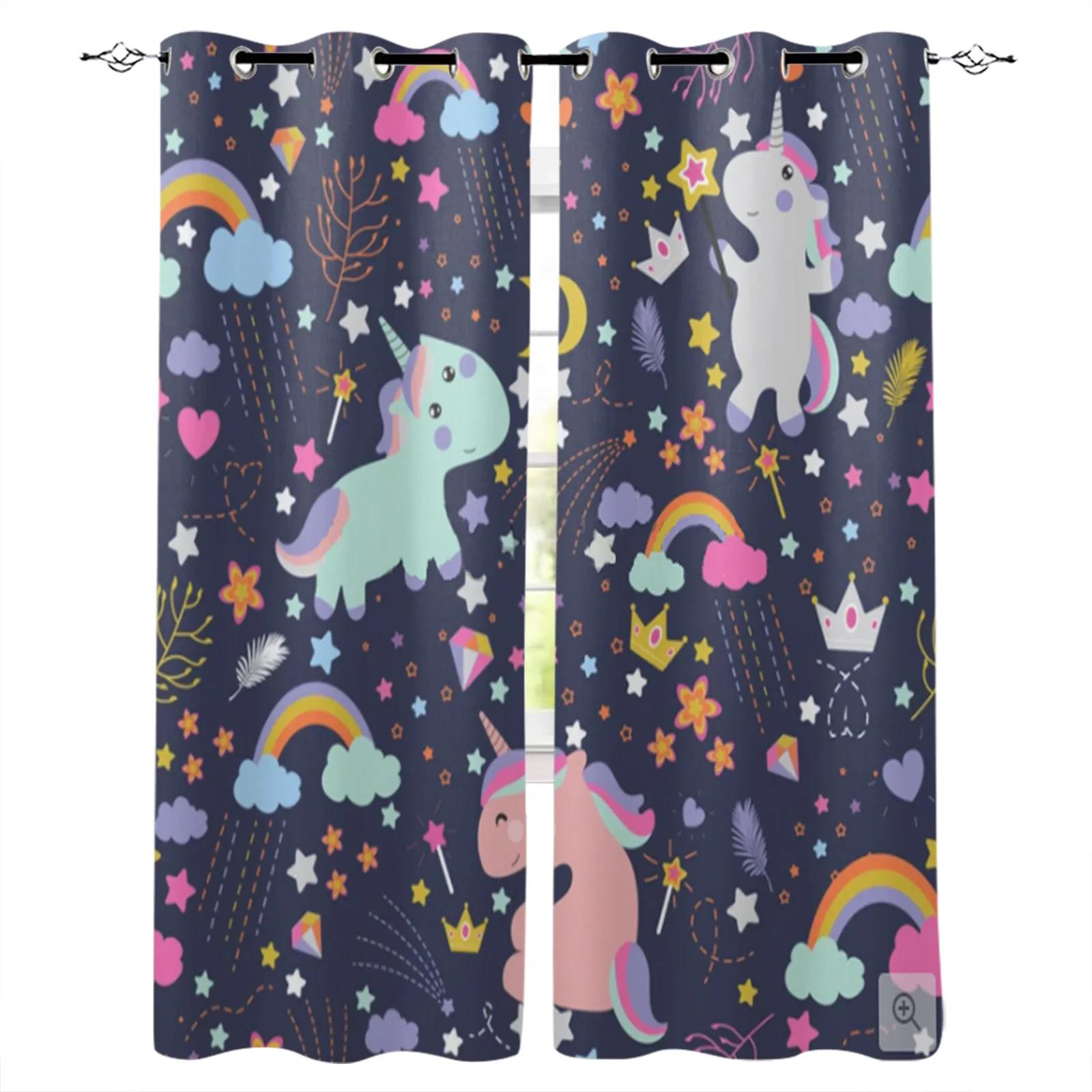 Cartoon Niedliches Einhorn Fenster Vorhänge für Wohnzimmer Kinder Schlafzimmer Fensterdekoration Jalousien Küchenvorhänge 2 Paneele cortinas 100W130H(CM)40x51in&Grommet Top