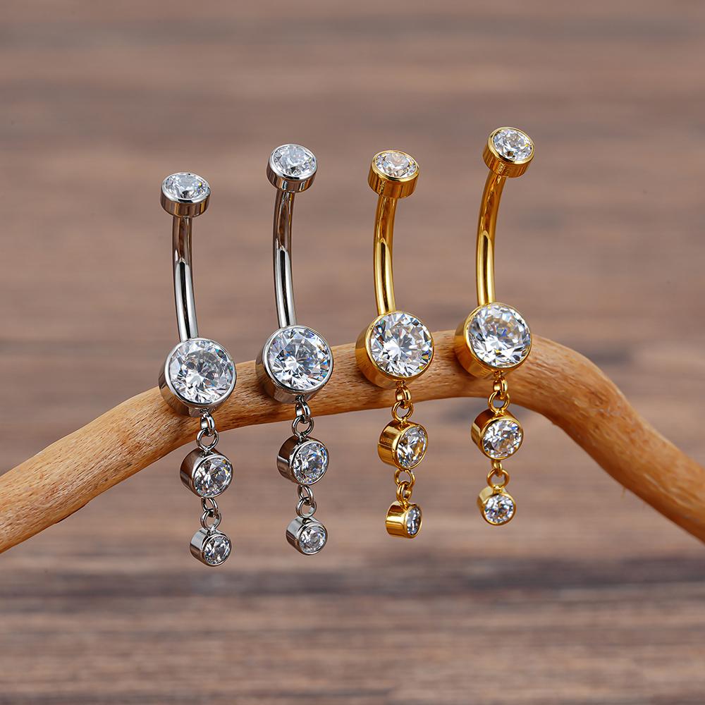 Right Grand ASTM F136 Titanium 14G Dangle CZ Gems Belly Button Ring Cubic Zirconia Drop Pendant Navel Nail Body Piercing Jewelry