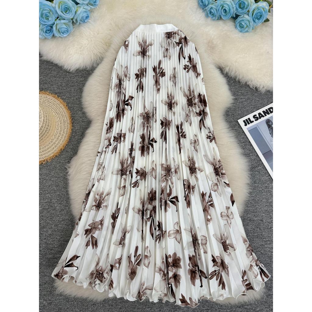 Women's Versatile High Waist A-Line Floral Pleated Midi Skirt