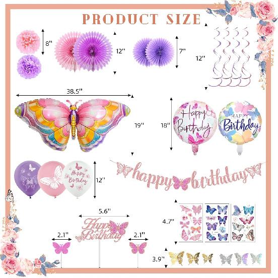 Butterfly Birthday Party Decorations Supplies, Pink & Purple Butterfly Birthday Decorations Include Paper Fans Foil Balloons Happy Birthday Banner