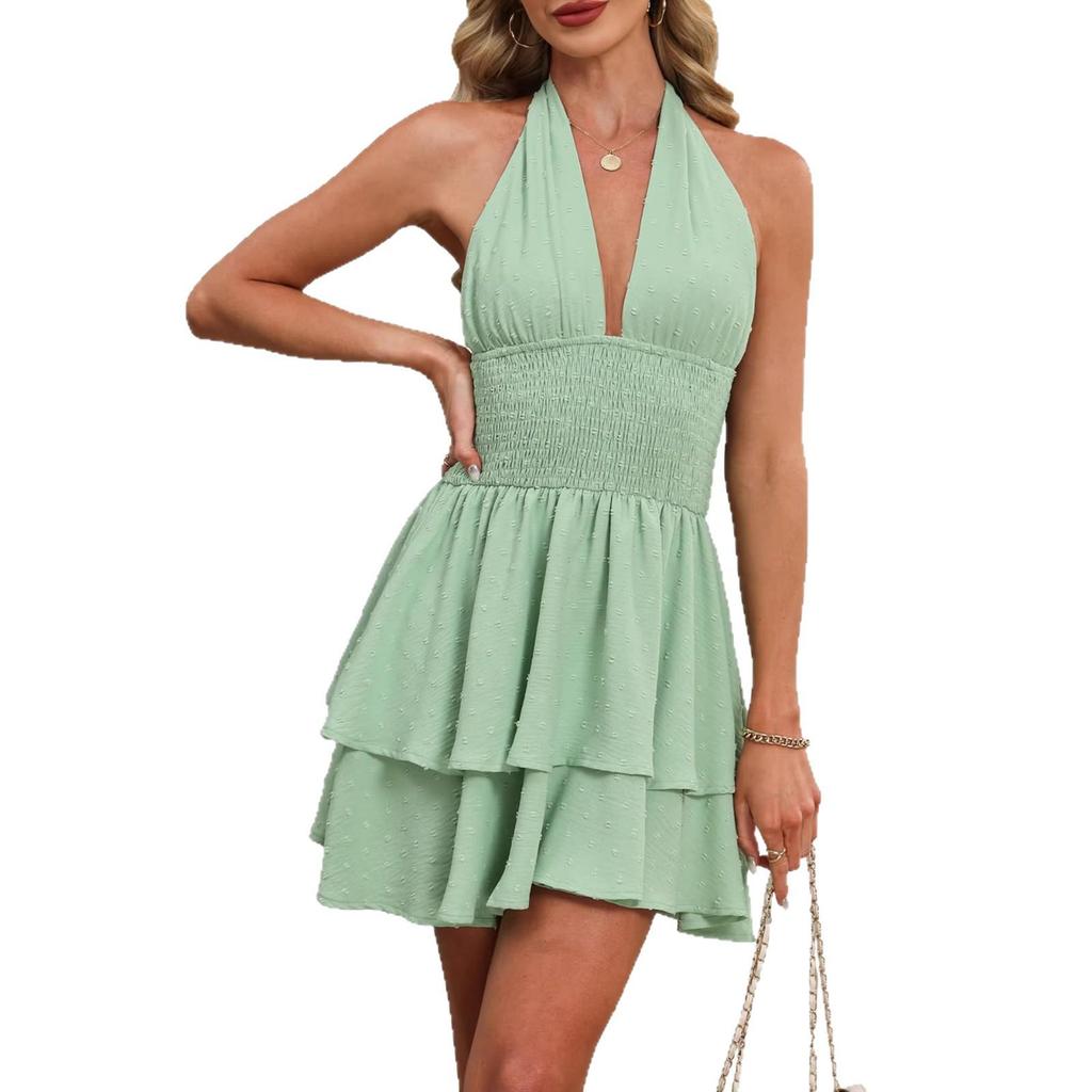 2026 European-American Women's Dress: Waist Shirring Halter Neck Off-the-Shoulder V-Neck Slimming Jacquard Skirt
