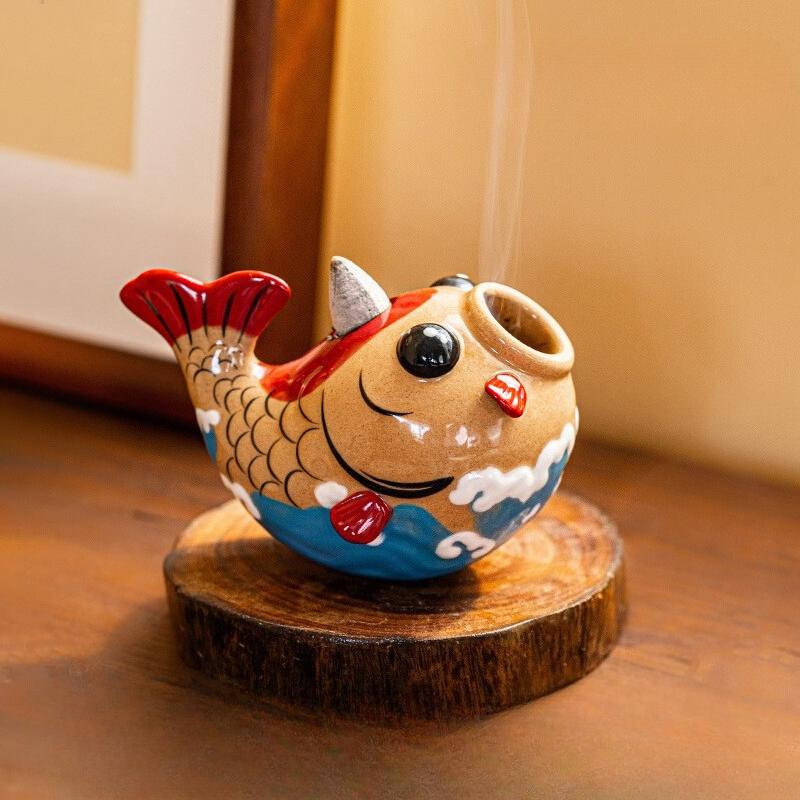Fish Incense Burner Ornaments Non-toppling Figurine Tabletop Back-flowing Incense Burner Cute Creative Ceramic Koi Decoration