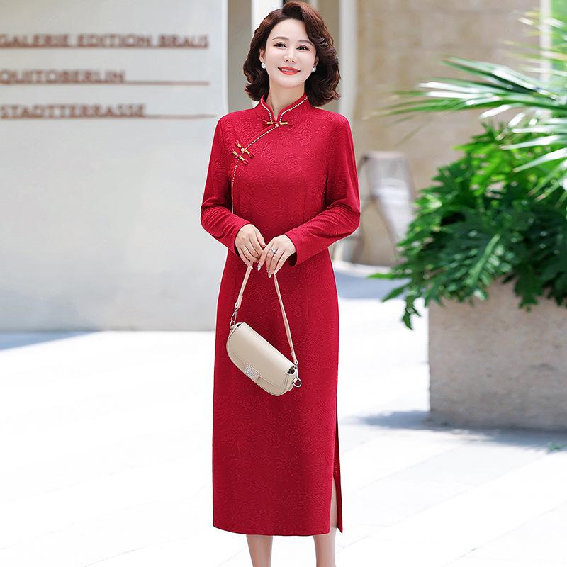 Mom s Autumn Qipao: Elegant Long-Sleeved Dress for Wedding and Banquet 5XL ярко-красный