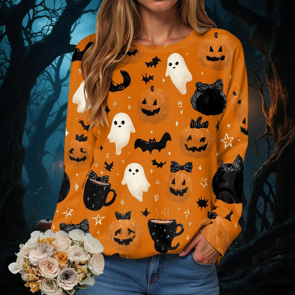 Halloween Women round-neck sweatshirt Hoodies Autumn Women Clothing Orange ghost pattern 3D printing Womens festival Sweaters