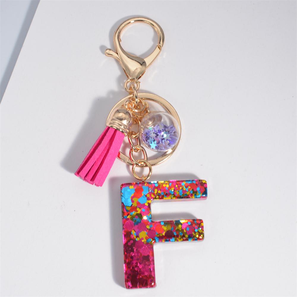 Fashion Tassel Star Ball 26Letters Keychain Colorful Sequins Resin Key Ring for Women Girls Car Handbag Phone Case Pendant Gifts