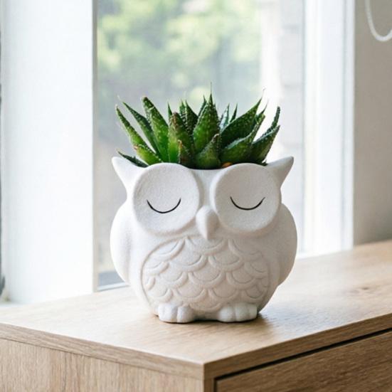 Cute Owl Planter Plant Pot with Drainage Hole Ceramic Decorative Planter for Succulents Small Aloe Home Office Desktop Decor