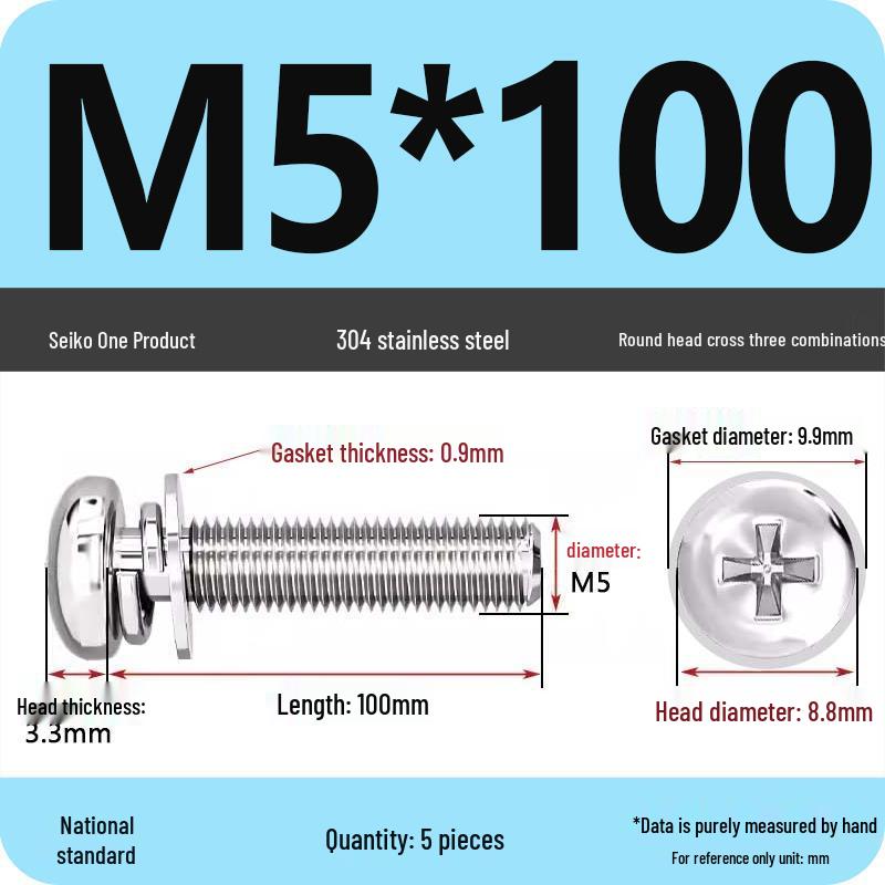 304 Stainless Steel Round Head Phillips Screw with Flat Washer (Sizes M3, M4, M5, M6)