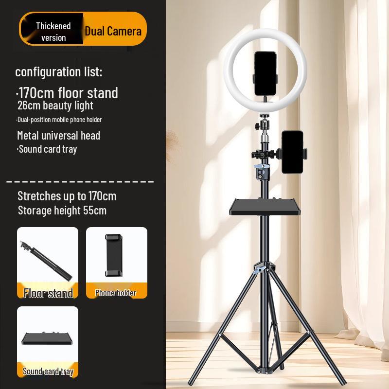 Dual-Position Carbon Steel Phone Stand with Fill Light for Outdoor Streaming