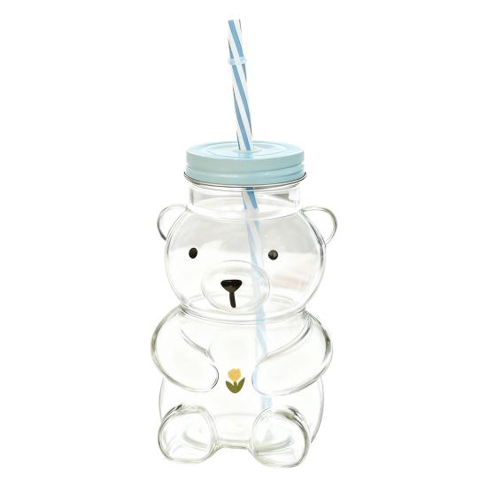 500ml Glass Cup with Straw Reusable Bear Bottle Food Grade Borosilicate Glass Heat Resistant Microwave Safe Drinking Bottle