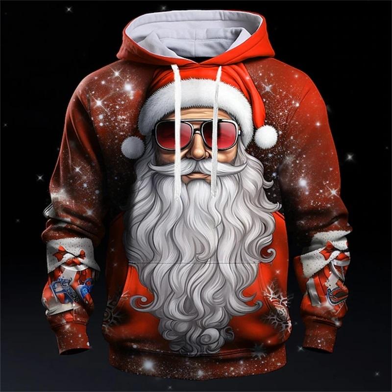 Mens Santa Claus Hoodie Sweatshirt Long Sleeve - Breathable for Spring & Autumn Sports - Durable, Comfortable Christmas Top