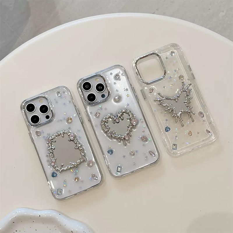 Applicable To Iphone16Promax Mobile Phone Case Apple 17 Female Epoxy Rhinestone Love Mirror 14 Sequins