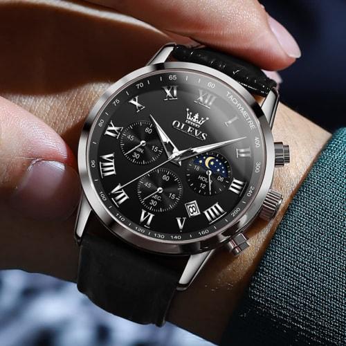 OLEVS Men's Watch, Black, Stylish, Waterproof, Luminous Watch, Cool, Black Leather Strap, Analog Quartz, Business Arm Watch for Men, Popular Fashion,