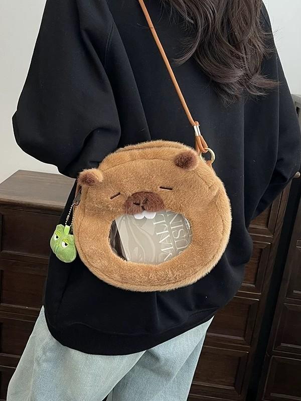 Plush Cartoon Capybara Shoulder Bag With Zipper Closure For Daily Use