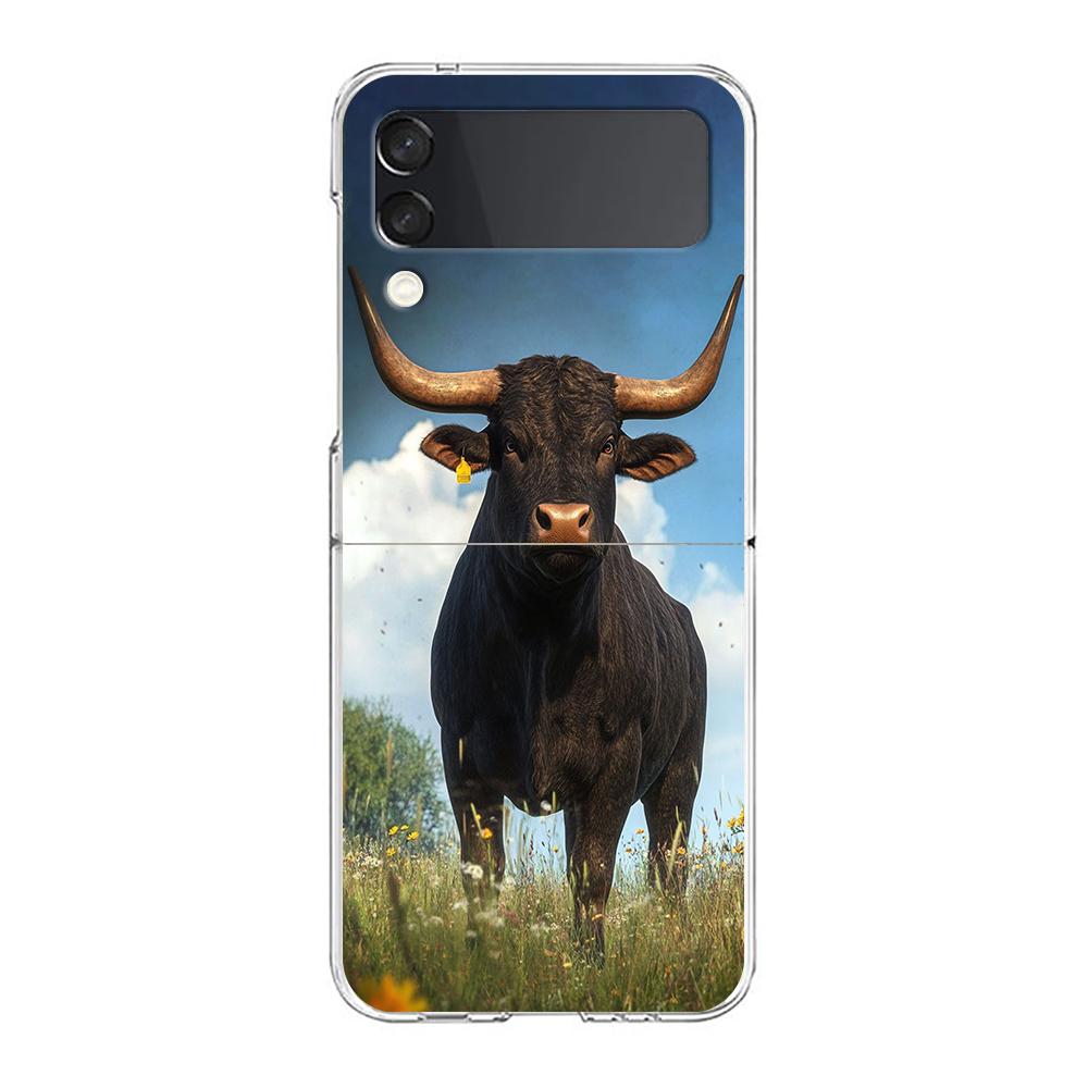 Phone Case For Samsung Galaxy Z Flip 3 4 5 Hard Folding Clear PC Bumper For Samsung Z Flip 6 Back Cover Bull Animal
