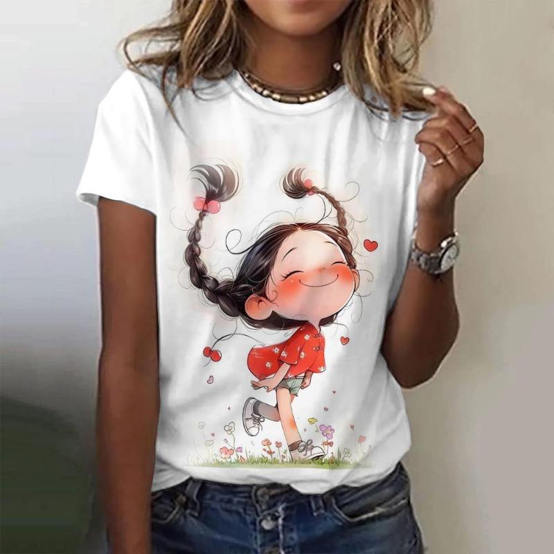 

Летняя женская футболка с рисунком аниме-девушки, повседневный свитер с коротким рукавом, модная уличная одежда, милая женская футболка S