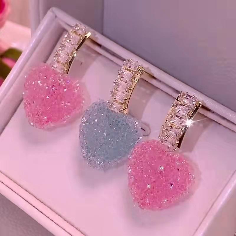 Sweet Pink Love Heart Drop Earrings For Women Korean Style Elegant Dangle Earrings Lovely Bride Lady Brincos Jewelry Gifts