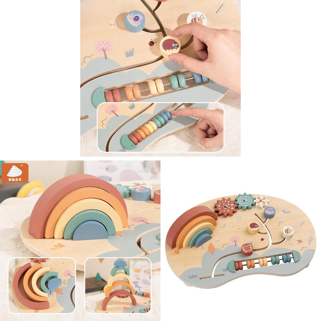 Rainbow Busy Board Montessori Wooden Toy For Infant Hand Eye Coordination Development