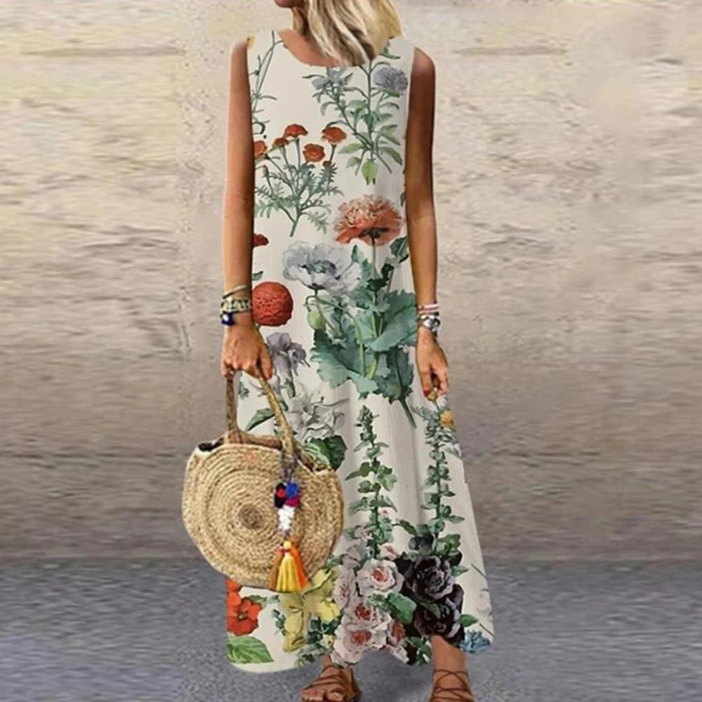 Ärmelloses Damenkleid mit Aufdruck, Rundhalsausschnitt, Gerader lockerer Schnitt, Modisch, Elegant für den Arbeitsweg, Lang, Lässig, Frühling, Sommer, Neu