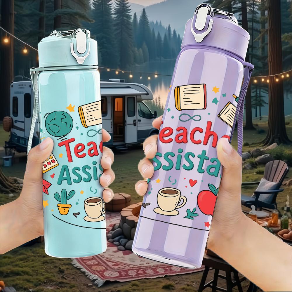 1PC Teacher Assistant Quote Text 750ml Color Plastic Water Bottle Leakproof Flip Straw Lid For Sports Office Home Use