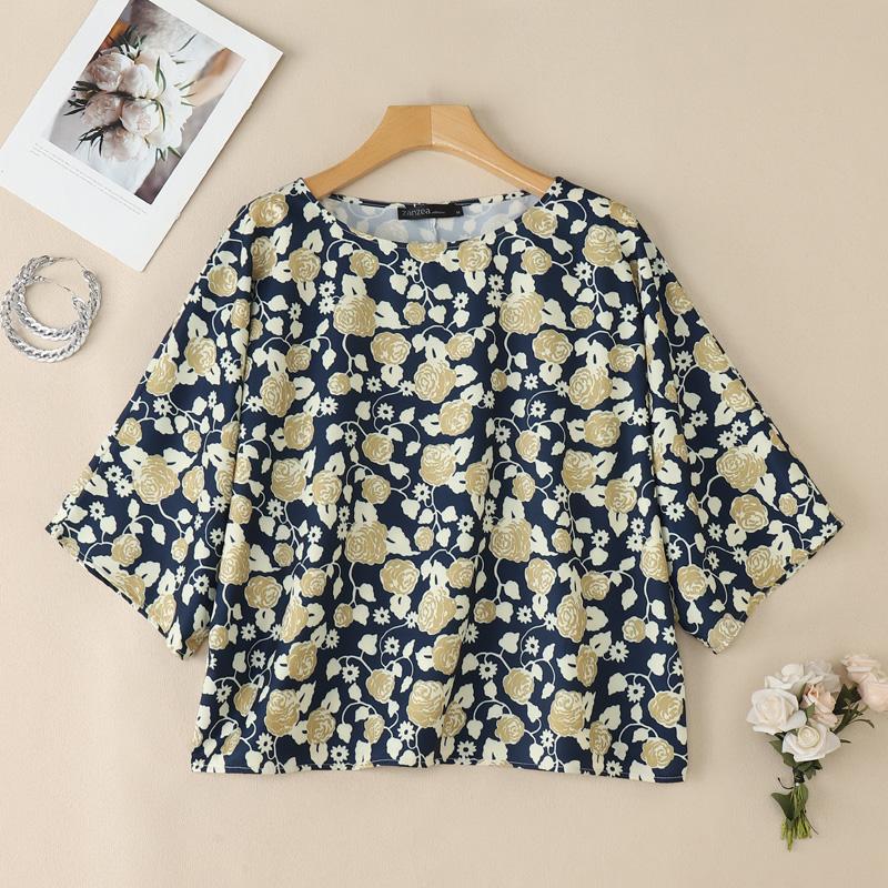 

ZANZEA Женская повседневная блузка с круглым вырезом, свободным рукавом 3/4 и принтом 5XL тёмно-синий