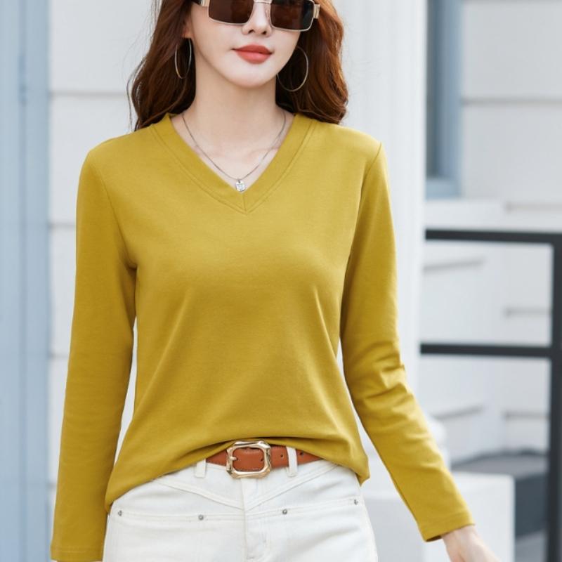

Женская облегающая футболка с V-образным вырезом и длинным рукавом, однотонный топ для повседневных рубашек на весну и осень 2XL жёлтый