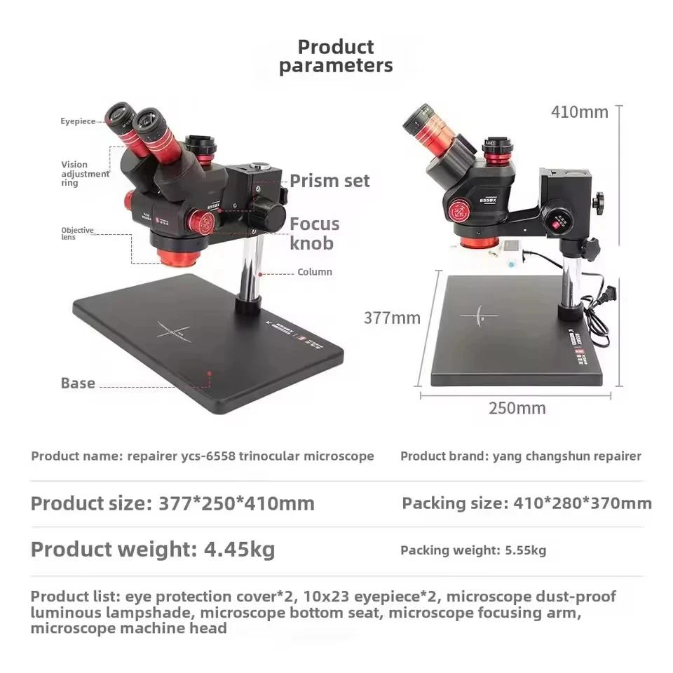 YCS 6558X Ultra HD Trinocular Microscope with Large Base 6.5-58 Zoom 4K Camera for Phone PCB Welding Microscope Tools Set