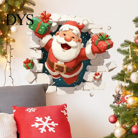 Seasonal Wall Art 3D Santa Claus Christmas Decals, Break Through Reindeer Decals Window Stickers, Removable Winter Holiday Decorations for Living Room