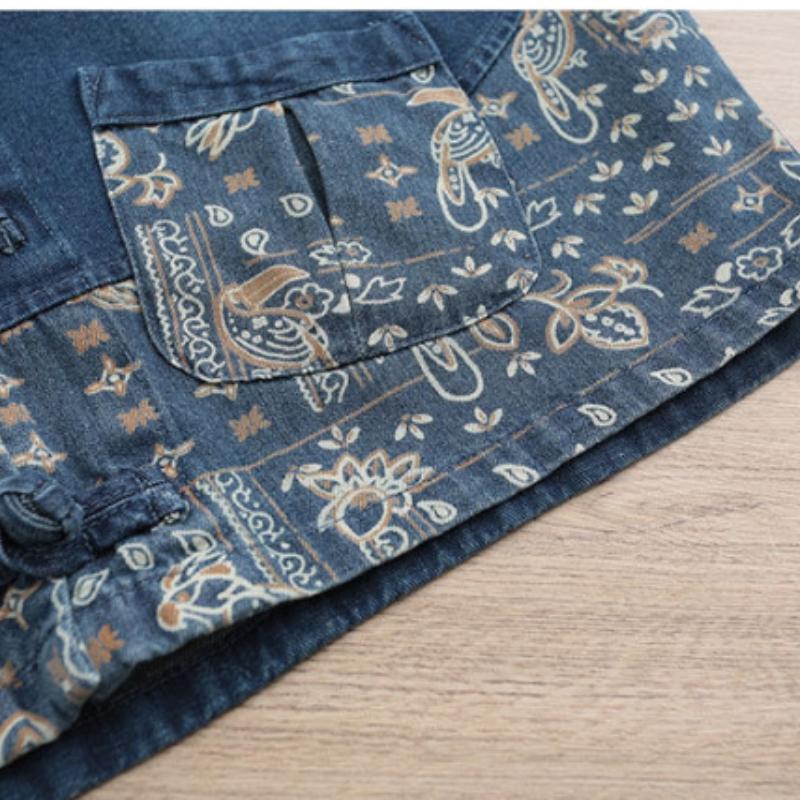 Ensemble Denim Grande Taille à Col Montant, Splicing Style Ethnique Femme, Ensemble Jean Deux Pièces Boucle Ample et Tendance