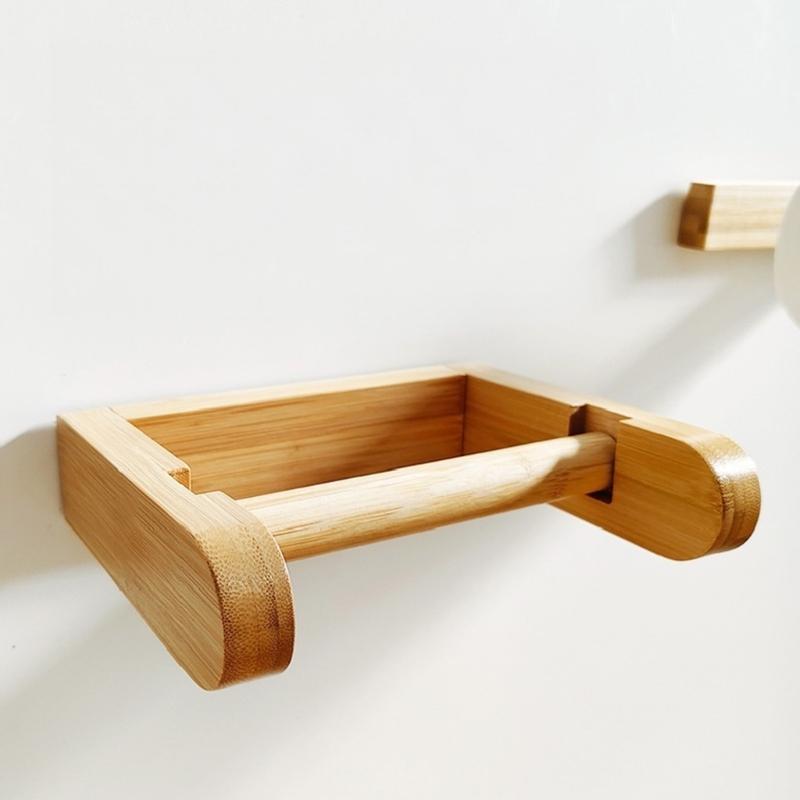 Wooden Tissue Roll Stand For Bathroom Office Durable Bamboos Construction Easy Holds 6Kg Stress Freely