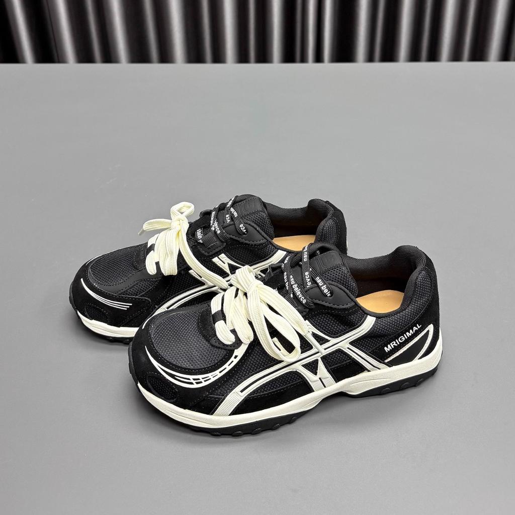 Leather mesh Forrest Gump shoes women's 2025 autumn new round head thick sole lace-up color matching casual versatile sports shoes tide