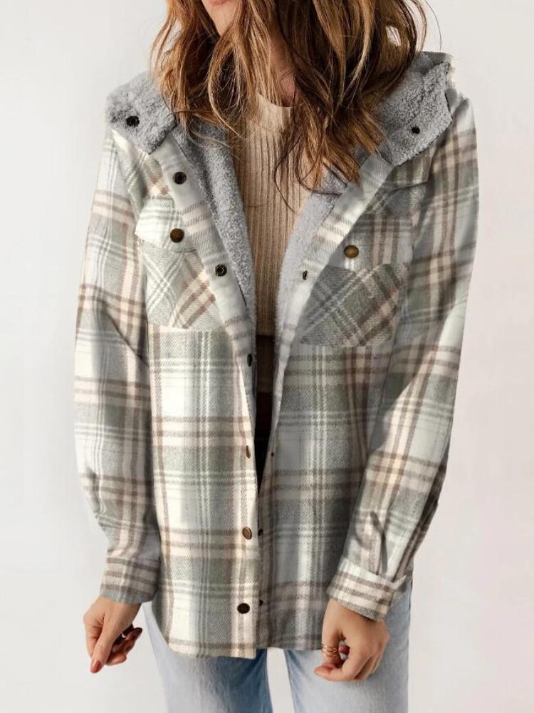 Autumn and winter women's plaid jacket long sleeved hairy hooded jacket with pockets