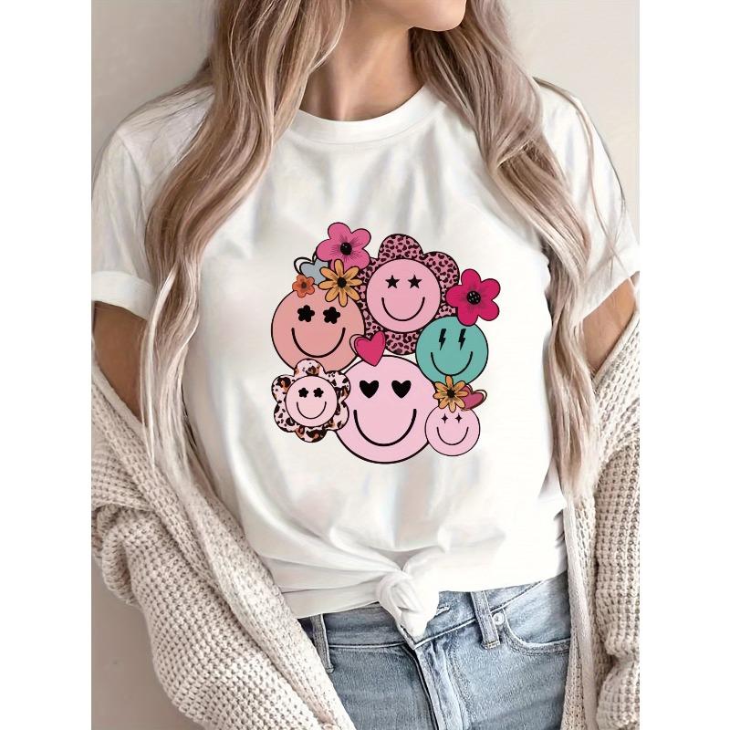 

Женская повседневная футболка с коротким рукавом европейского размера - Keep Smile Happy Цветочный радостный принт с лицом, Мягкая и удобная, Свободный крой S белый