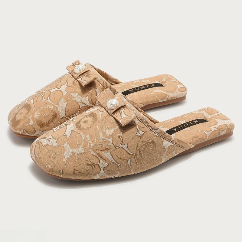 Fashion Fashion String Bead Bow Decoration Slippers Women Elegant Round Toe Rose Totem Designer Shoes Comfort Lightweight Home Slippers