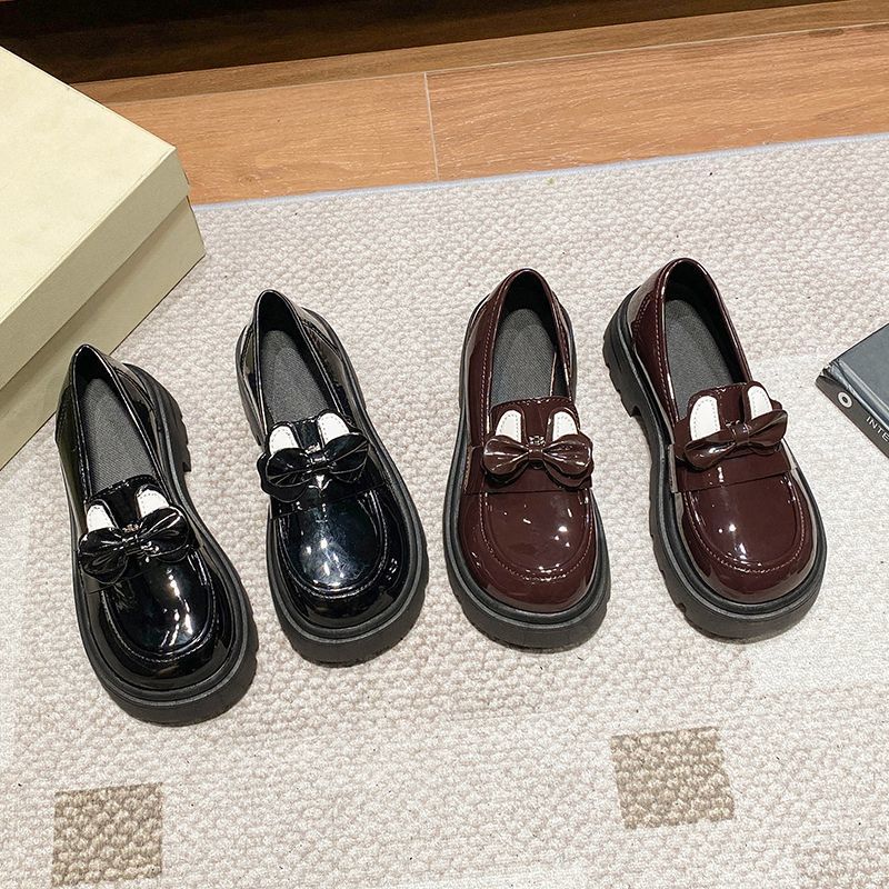 French bow small leather shoes women's retro Japanese round head British style platform loafers 2025 autumn new