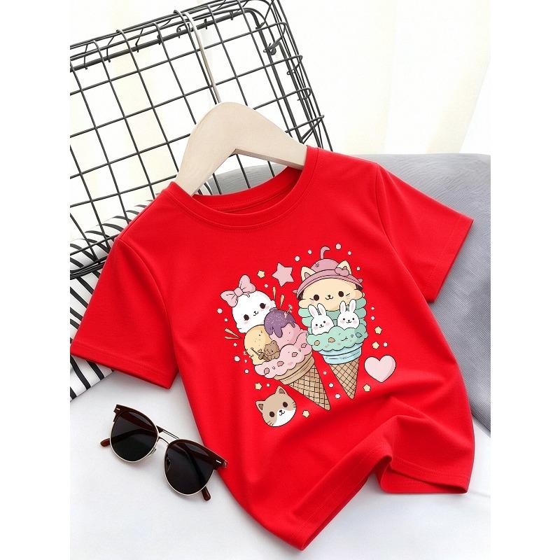 European Sizes Children's Summer Short-Sleeve T-Shirt, Cartoon Print Top for Girls, Featuring a Cute Design, Suitable for Outings and Daily