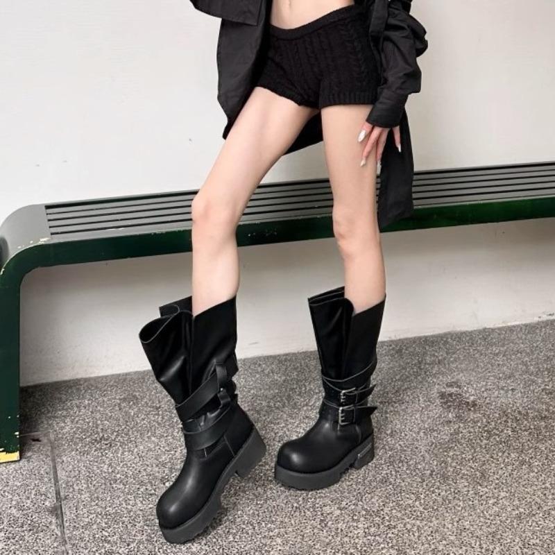 Bajia Retro Belt Buckle Venom Boots Summer New Bundle Mouth Big Tube Circumference Thick Bottom Heightening Punk Locomotive Boots