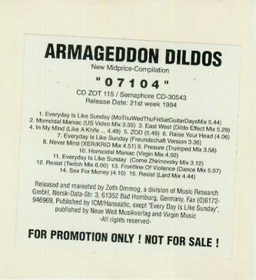 CD ARMAGEDDON DILDOS - 07104 CDZOT115PROMO Zoth Ommog 1994 Germany Dance & Electronica Used