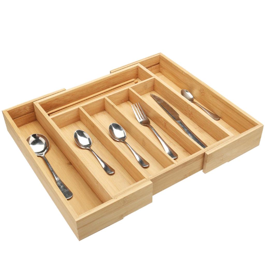 Cutlery and jewelry organizer insert for kitchen drawer, bamboo container