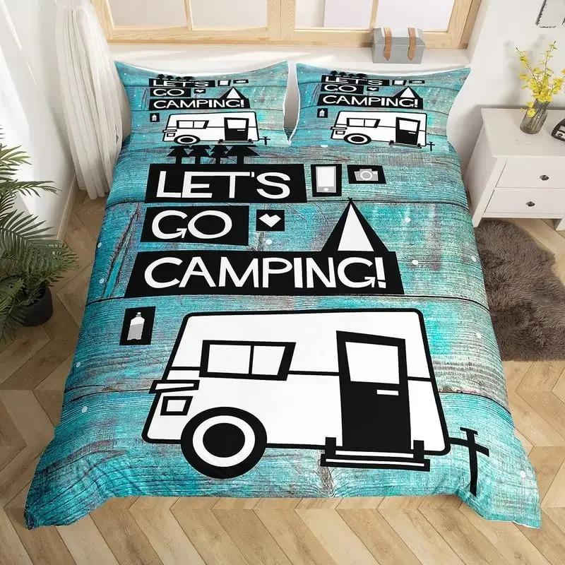 Happy Camping Bedding Set Camper Car Duvet Cover King Queen Microfiber Smoky Mountain Wood Print Quilt Cover Set For Girls Boys