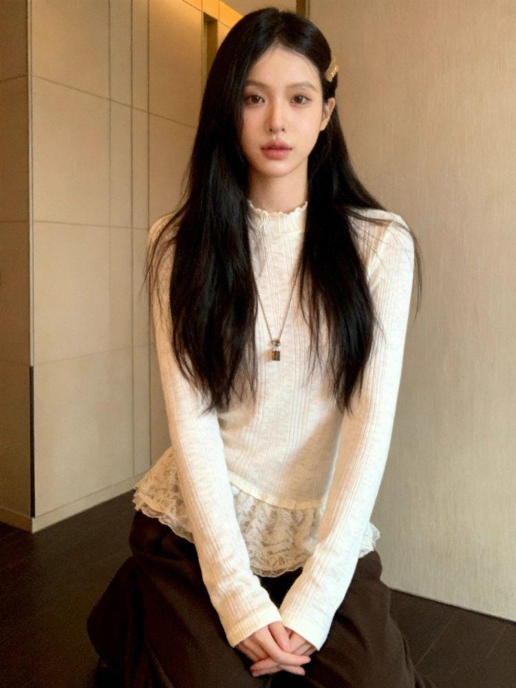 Women's Lace-Trim Long Sleeve Korean-Style Sweet & Spicy T-Shirt: Slim-Fit Autumn/Winter Base Layer Top